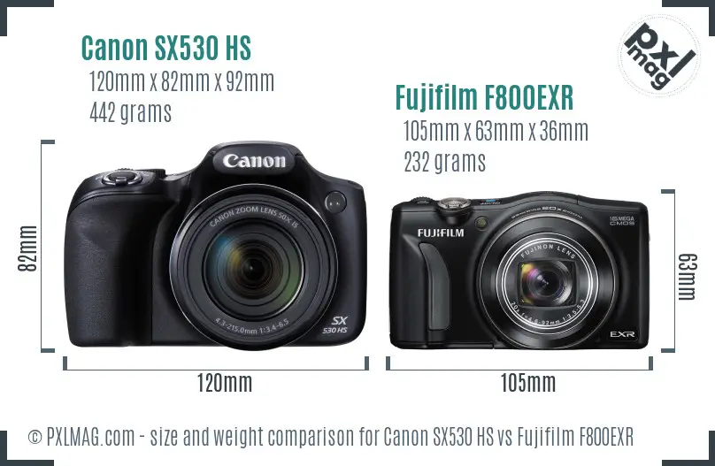 Canon SX530 HS vs Fujifilm F800EXR size comparison