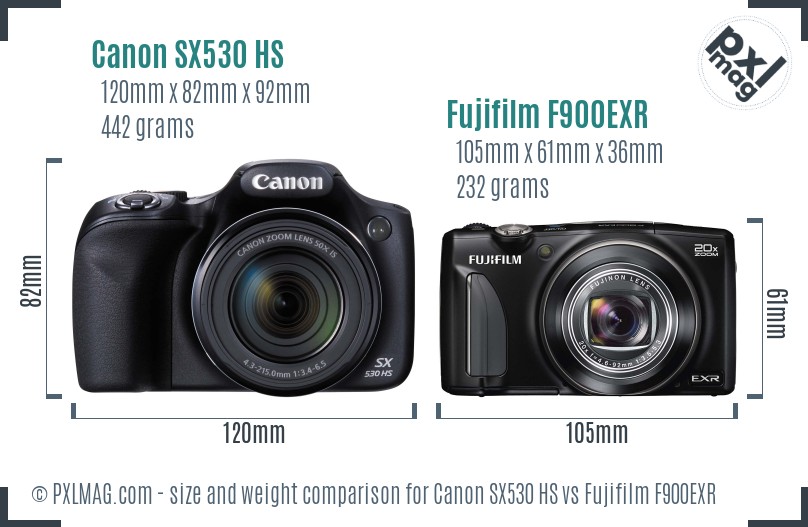 Canon SX530 HS vs Fujifilm F900EXR size comparison