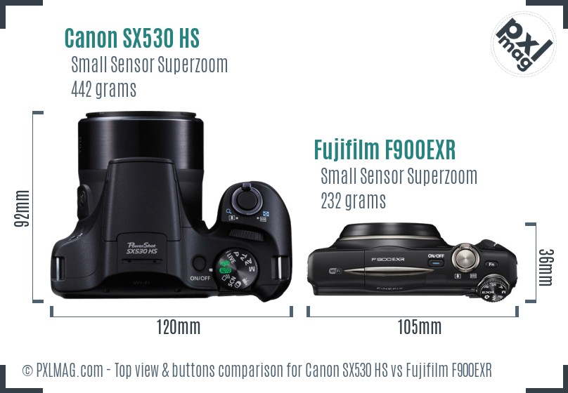 Canon SX530 HS vs Fujifilm F900EXR top view buttons comparison