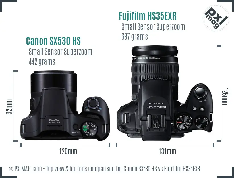 Canon SX530 HS vs Fujifilm HS35EXR top view buttons comparison