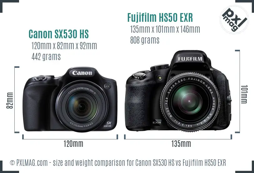 Canon SX530 HS vs Fujifilm HS50 EXR size comparison