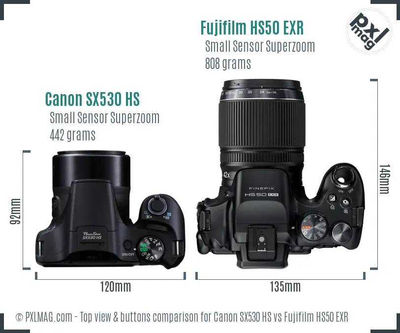 Canon SX530 HS vs Fujifilm HS50 EXR top view buttons comparison