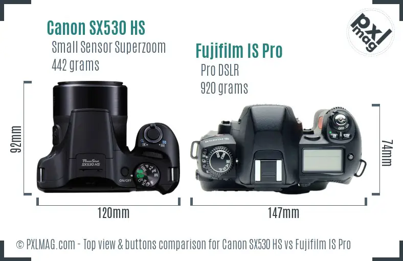 Canon SX530 HS vs Fujifilm IS Pro top view buttons comparison