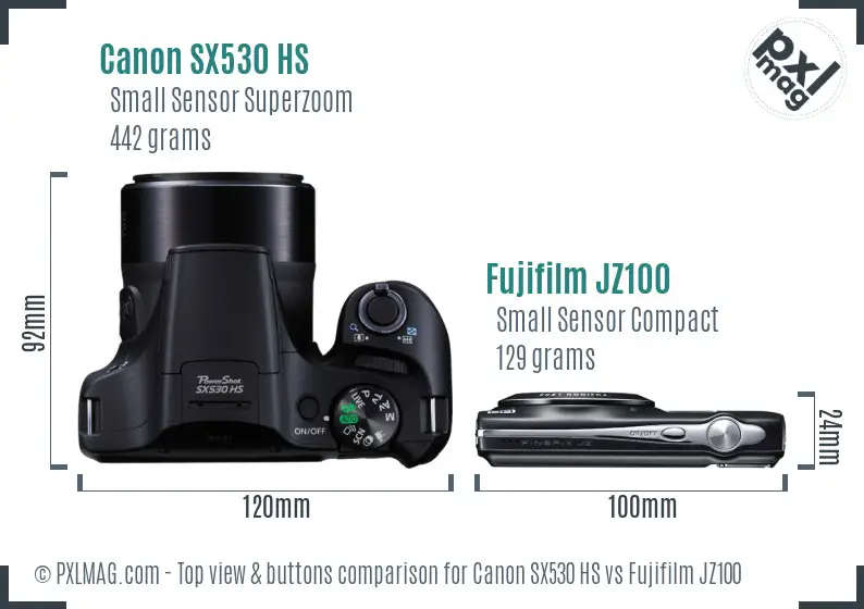 Canon SX530 HS vs Fujifilm JZ100 top view buttons comparison