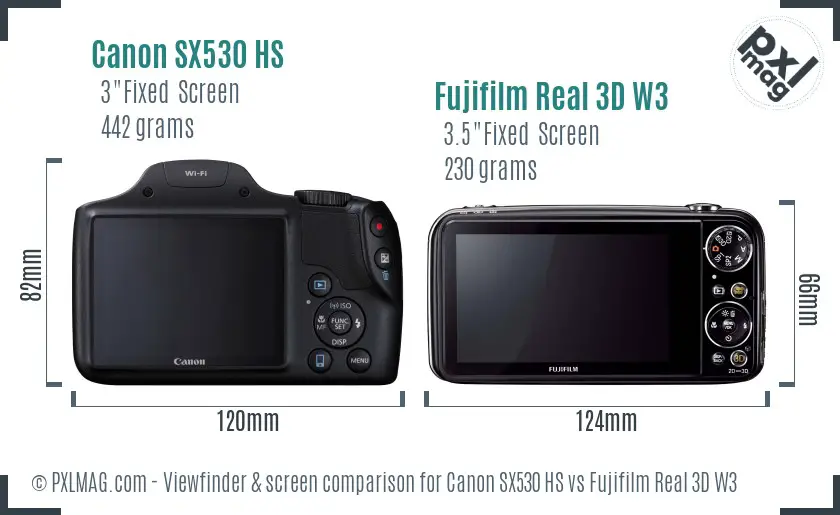 Canon SX530 HS vs Fujifilm Real 3D W3 Screen and Viewfinder comparison