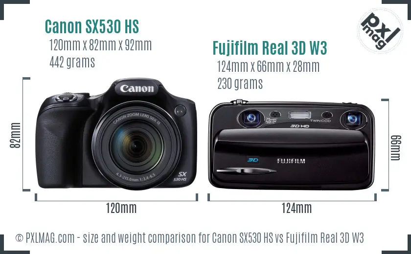 Canon SX530 HS vs Fujifilm Real 3D W3 size comparison