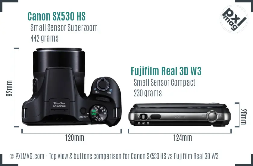 Canon SX530 HS vs Fujifilm Real 3D W3 top view buttons comparison