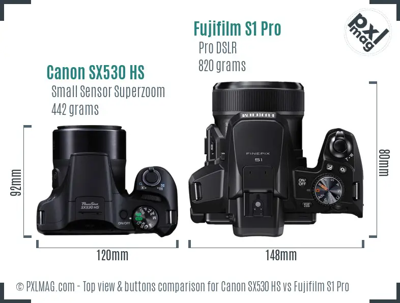 Canon SX530 HS vs Fujifilm S1 Pro top view buttons comparison