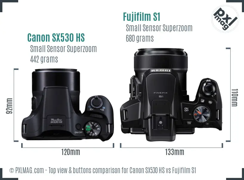 Canon SX530 HS vs Fujifilm S1 top view buttons comparison