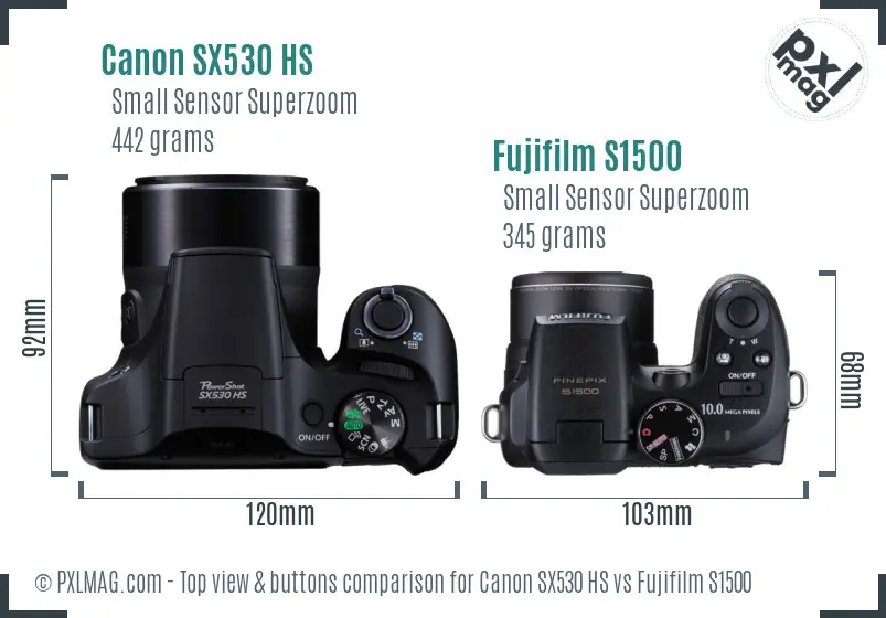 Canon SX530 HS vs Fujifilm S1500 top view buttons comparison