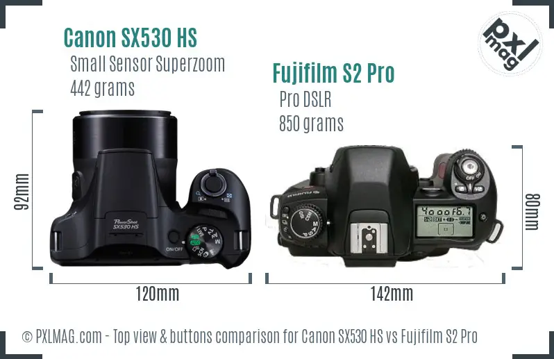 Canon SX530 HS vs Fujifilm S2 Pro top view buttons comparison