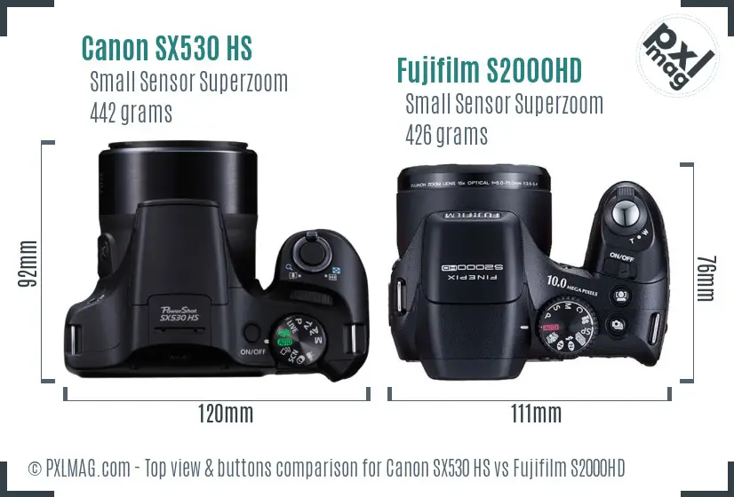 Canon SX530 HS vs Fujifilm S2000HD top view buttons comparison