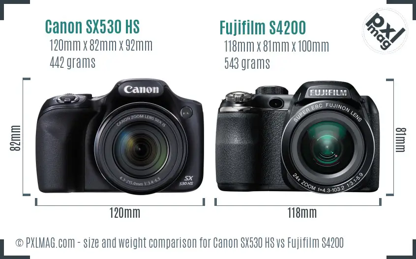 Canon SX530 HS vs Fujifilm S4200 size comparison