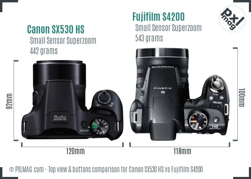 Canon SX530 HS vs Fujifilm S4200 top view buttons comparison