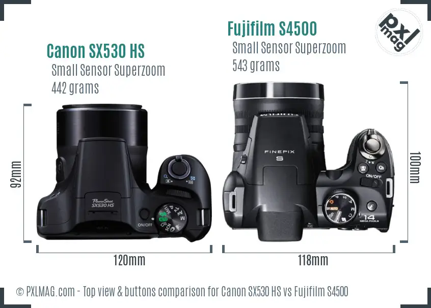 Canon SX530 HS vs Fujifilm S4500 top view buttons comparison