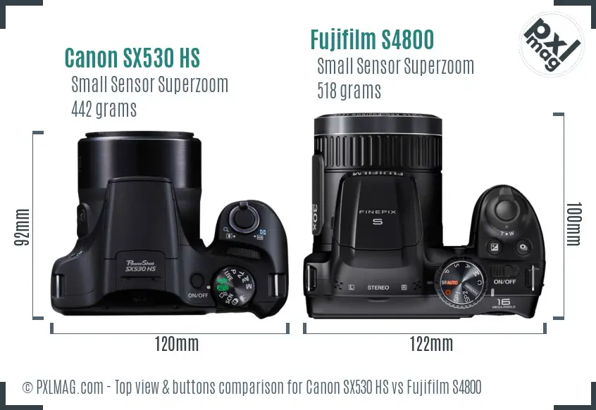 Canon SX530 HS vs Fujifilm S4800 top view buttons comparison