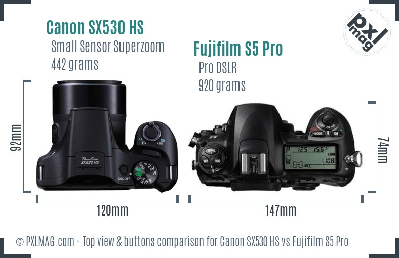 Canon SX530 HS vs Fujifilm S5 Pro top view buttons comparison