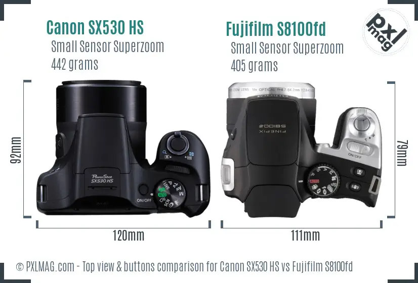 Canon SX530 HS vs Fujifilm S8100fd top view buttons comparison