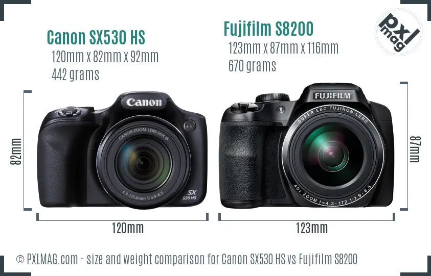 Canon SX530 HS vs Fujifilm S8200 size comparison