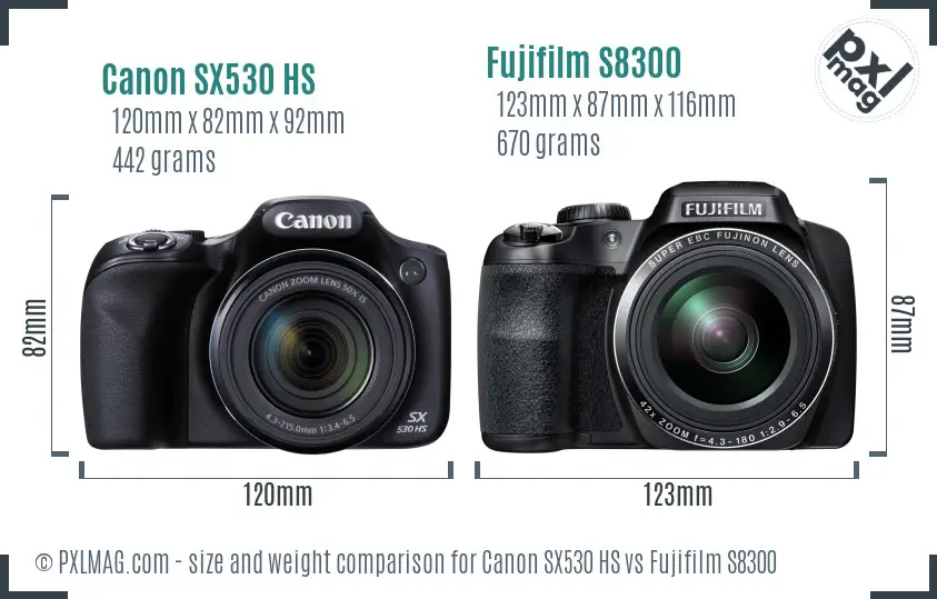 Canon SX530 HS vs Fujifilm S8300 size comparison