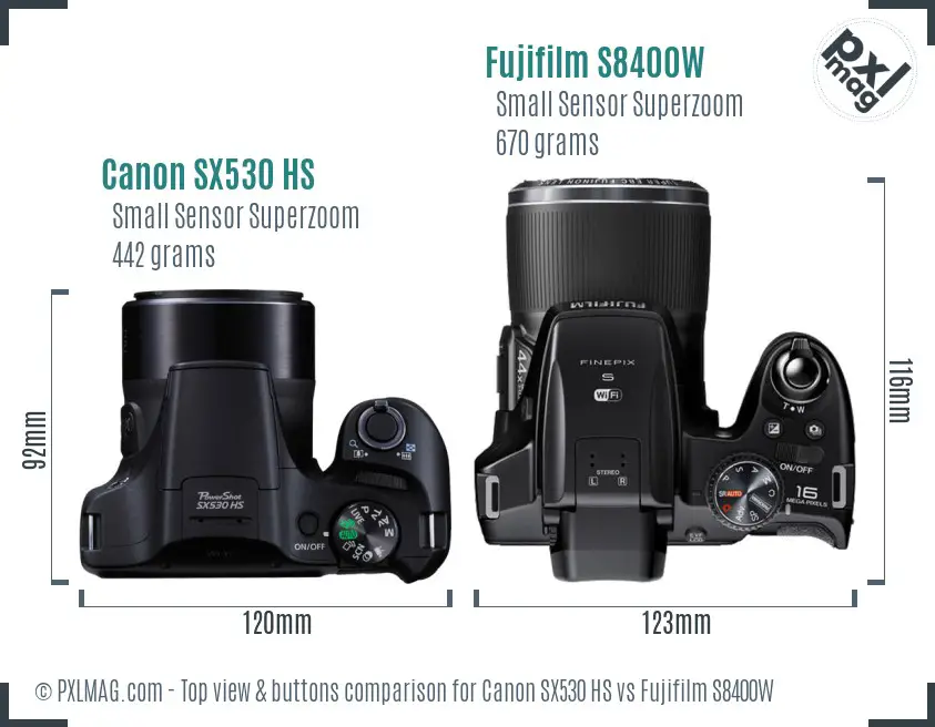 Canon SX530 HS vs Fujifilm S8400W top view buttons comparison Canon SX530 HS vs Fujifilm S8400W top view buttons comparison