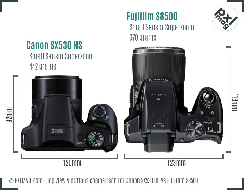 Canon SX530 HS vs Fujifilm S8500 top view buttons comparison Canon SX530 HS vs Fujifilm S8500 top view buttons comparison