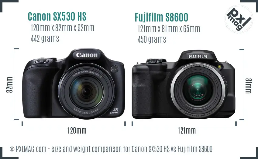 Canon SX530 HS vs Fujifilm S8600 size comparison