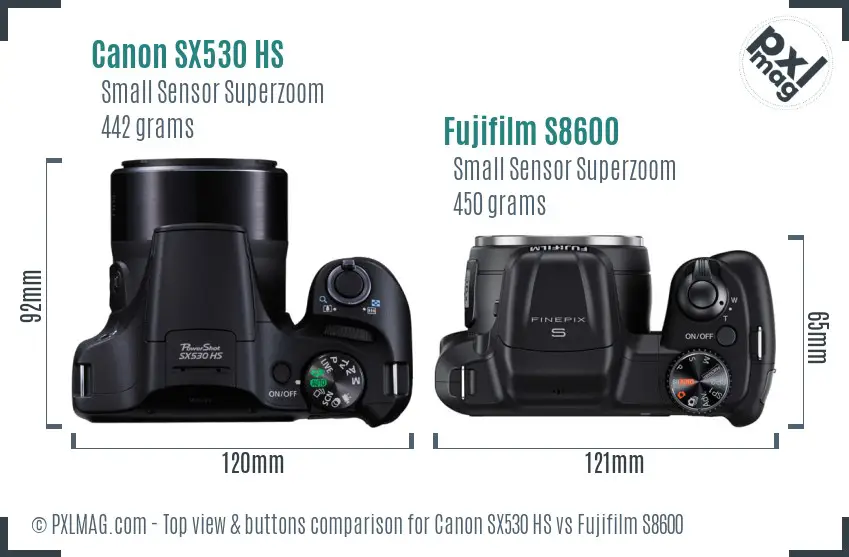 Canon SX530 HS vs Fujifilm S8600 top view buttons comparison