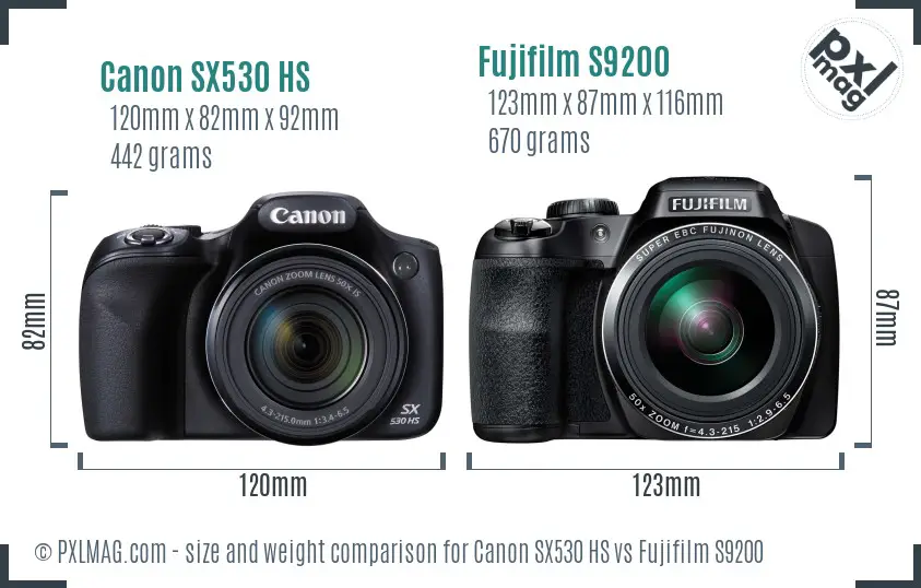 Canon SX530 HS vs Fujifilm S9200 size comparison