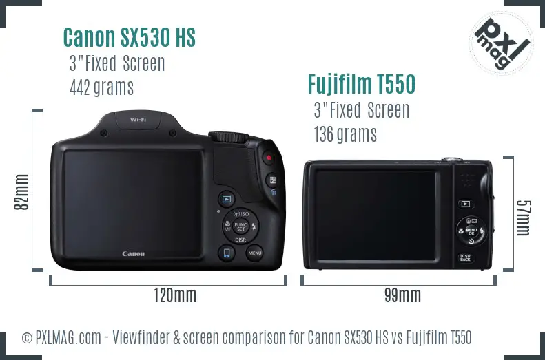 Canon SX530 HS vs Fujifilm T550 Screen and Viewfinder comparison