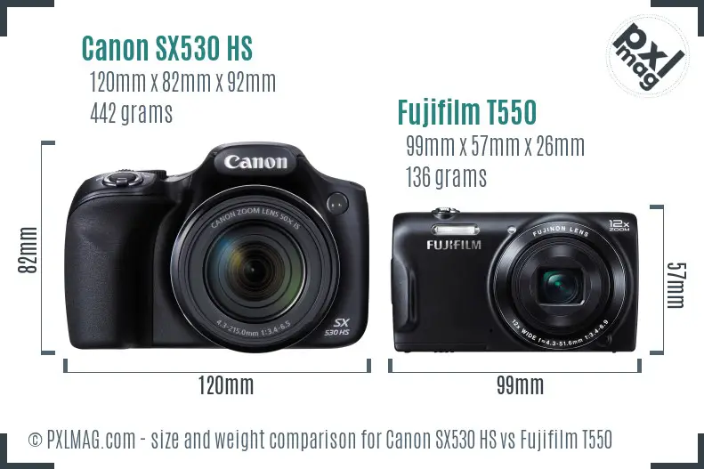 Canon SX530 HS vs Fujifilm T550 size comparison