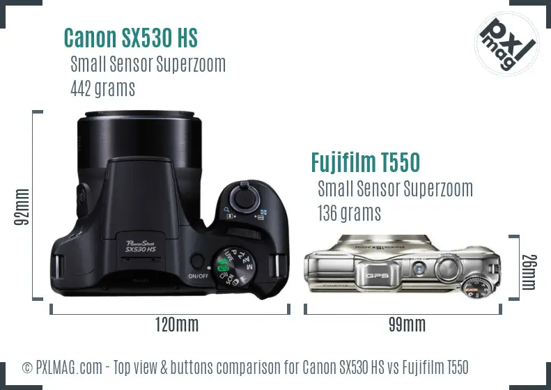 Canon SX530 HS vs Fujifilm T550 top view buttons comparison