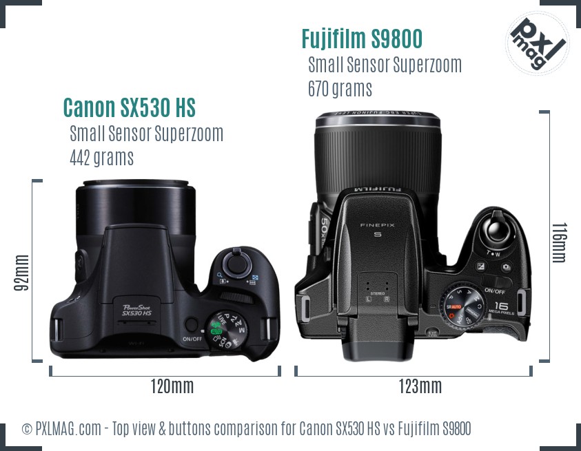 Canon SX530 HS vs Fujifilm S9800 top view buttons comparison
