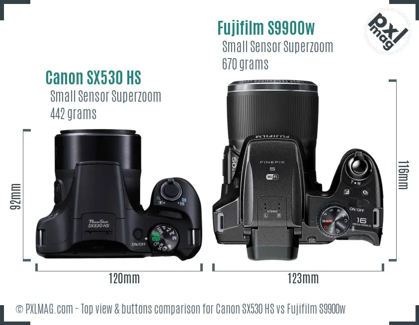 Canon SX530 HS vs Fujifilm S9900w top view buttons comparison