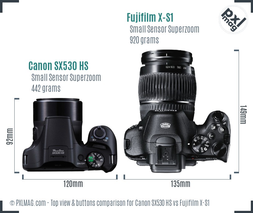 Canon SX530 HS vs Fujifilm X-S1 top view buttons comparison
