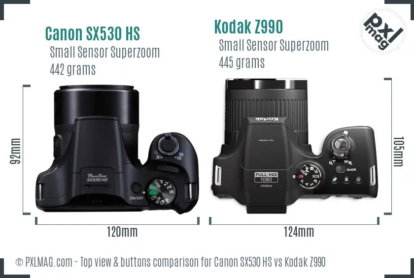 Canon SX530 HS vs Kodak Z990 top view buttons comparison