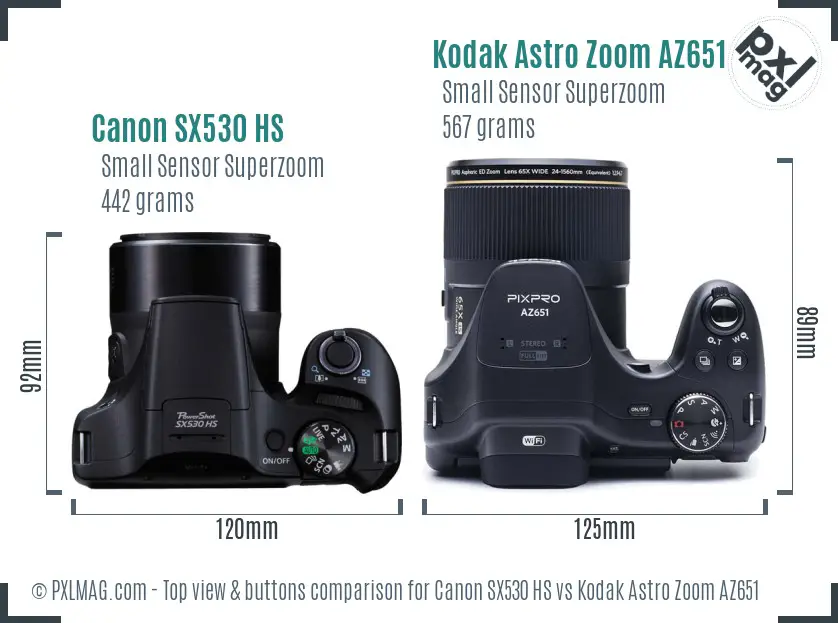 Canon SX530 HS vs Kodak Astro Zoom AZ651 top view buttons comparison