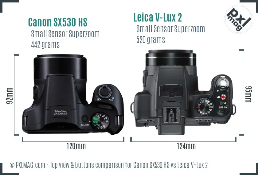 Canon SX530 HS vs Leica V-Lux 2 top view buttons comparison Canon SX530 HS vs Leica V-Lux 2 top view buttons comparison