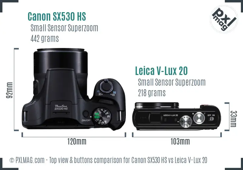 Canon SX530 HS vs Leica V-Lux 20 top view buttons comparison Canon SX530 HS vs Leica V-Lux 20 top view buttons comparison