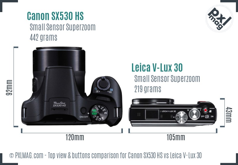 Canon SX530 HS vs Leica V-Lux 30 top view buttons comparison