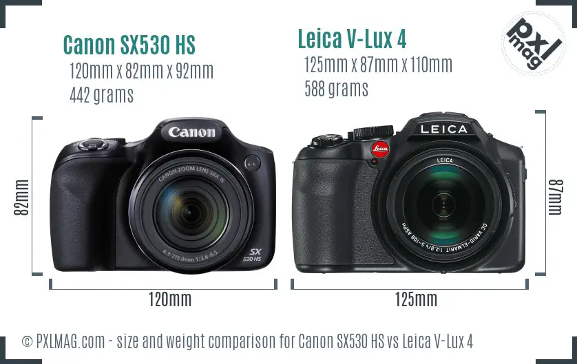 Canon SX530 HS vs Leica V-Lux 4 size comparison