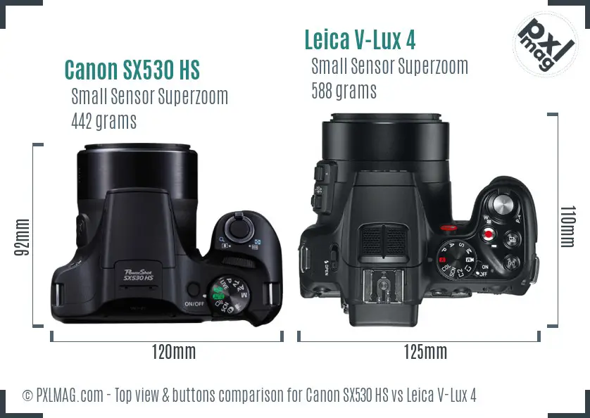 Canon SX530 HS vs Leica V-Lux 4 top view buttons comparison