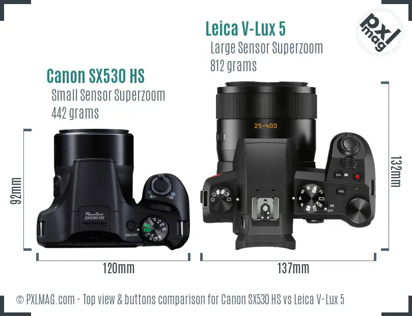 Canon SX530 HS vs Leica V-Lux 5 top view buttons comparison