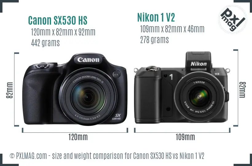 Canon SX530 HS vs Nikon 1 V2 size comparison