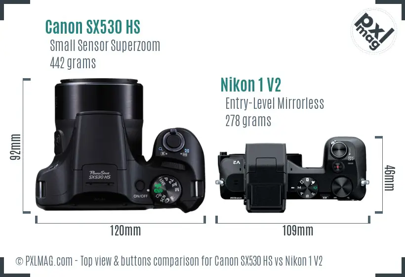 Canon SX530 HS vs Nikon 1 V2 top view buttons comparison