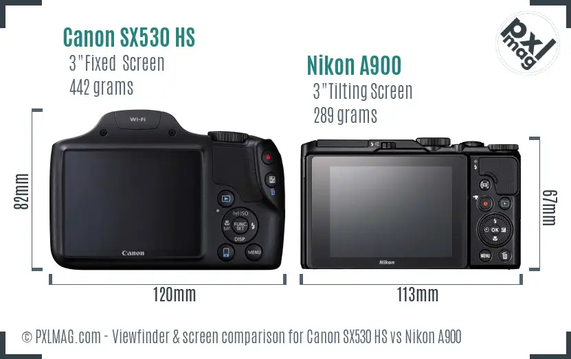 Canon SX530 HS vs Nikon A900 Screen and Viewfinder comparison