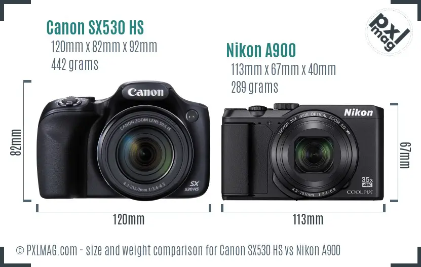 Canon SX530 HS vs Nikon A900 size comparison