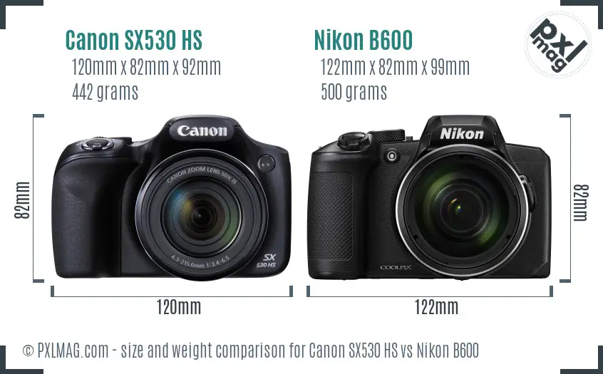 Canon SX530 HS vs Nikon B600 size comparison Canon SX530 HS vs Nikon B600 size comparison