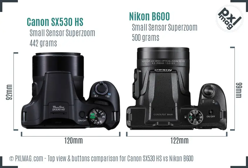 Canon SX530 HS vs Nikon B600 top view buttons comparison Canon SX530 HS vs Nikon B600 top view buttons comparison