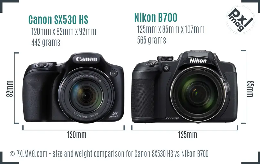Canon SX530 HS vs Nikon B700 size comparison